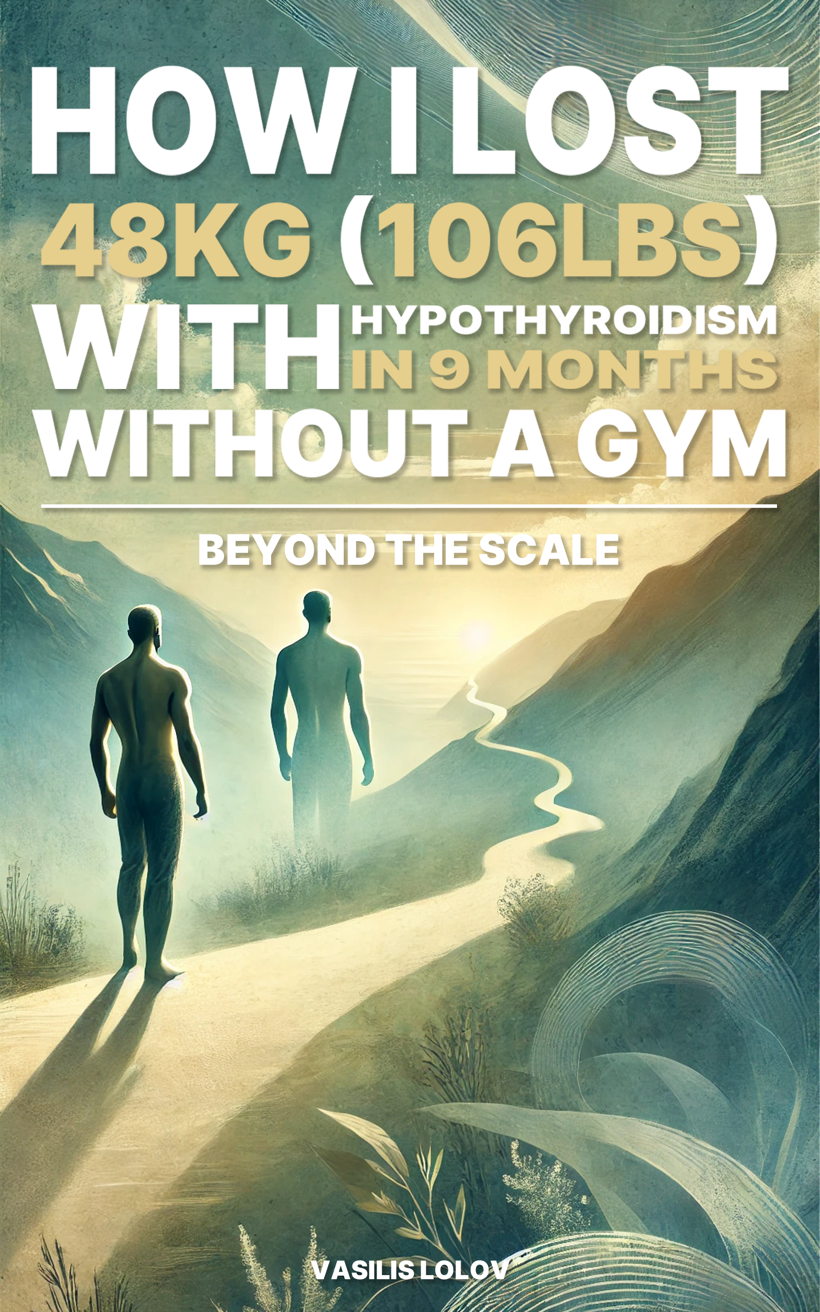 "HOW I LOST 48kg (106lbs) IN 9 MONTHS WITH HYPOTHYROIDISM WITHOUT A GYM" book cover by Vasilis Lolov – a weight loss guide for men and women focusing on natural, no-gym strategies, low-calorie meal plans, and overcoming obesity with hypothyroidism
